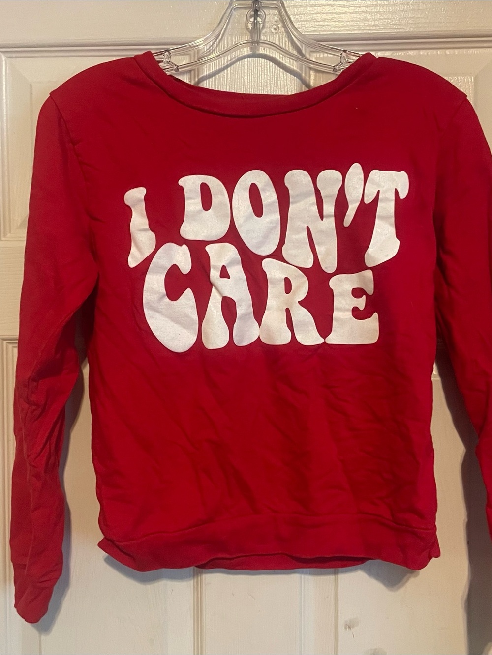On Fire Red Women's Sweatshirt with White "I DON'T CARE" Graphic size small